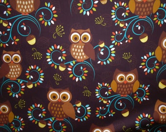 Happy Hooters Cotton by Michael Miller, Wide Eyed Owls, Leaves, Nuts, Swirls, Rich Brown Background with Etched Leaves, by the yard