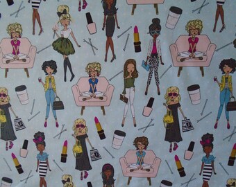 Chic Girl Boss Cotton, Fashionable Girl Bosses, Lipstick, Nail Polish, Bobby Pin, Coffee Cups, Pale Teal Polka Dot Cotton