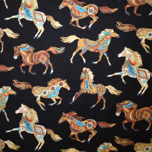 Southwestern Art Running Horses Cotton, Beautiful Colors by Timeless Treasures, Dark Black background, fabric by the yard