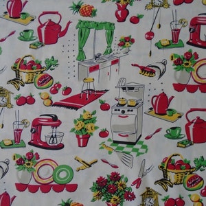 Fifties Kitchen, New Retro Cotton Print by Michael Miller on a Cream Background, fabric by the yard