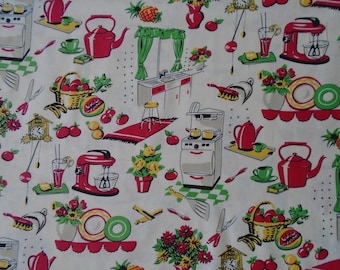 Fifties Kitchen, New Retro Cotton Print by Michael Miller on a Cream Background, fabric by the yard
