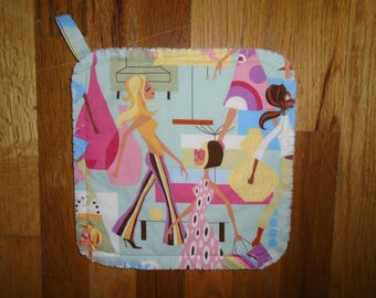 Fashion Girls Potholder, 2002 Alexander Henry vintage cotton, bold and atttractive coloring combination, mint, pink, yellow, white, brown