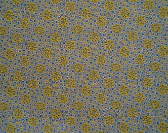 Little White Flowers Cotton, Small Print Flowers, White, Blue, Orange With Stems on Yellow Background, by the yard