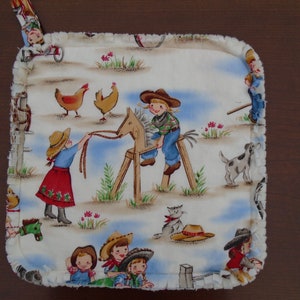 Lil&#39; Cowgirl Potholder, Michael Miller retro 2000&#39;s print, quilted cotton potholder, extra large 10&quot; x 10,&quot;  great gift