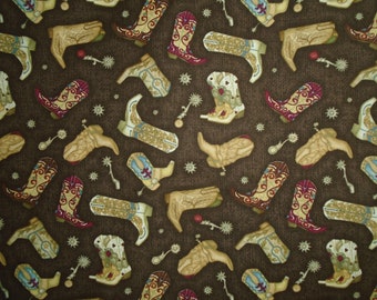 Rodeo Roundup, Henry Glass Premium Cotton, Cowgirl/Cowboy Ornate Boots on Dark Mocha Background, by the yard