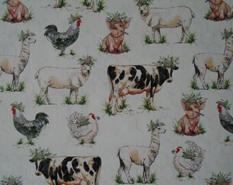 FANCY on the FARM, new 2020 release duck cloth cotton, pig, cow, sheep. llama, rooster dressed up!  chicken wire background on oyster white