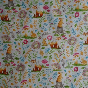 Fox, Bunny, Hedgehog Spring Cotton Fabric, by Fabric Tradition 2017, Cute Forest Animals and Flowers, by the yard