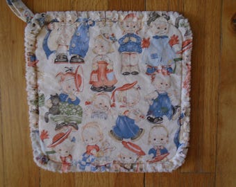 Impish Children Potholder, Vintage print, London, England, Mabel Lucie Attwell 2001, children, puppies, kitties, checks, plaid, polka dots