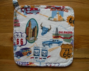 Route 66 Potholder, Vintage Cotton Alexander Henry Print with Retro Highways, Cars and Signs, ex- large 10" x 10", unisex gift