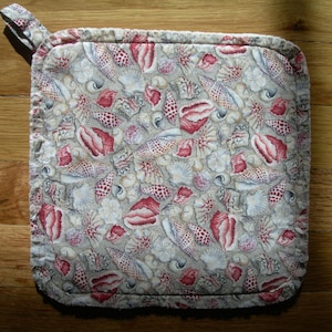 Seashells quilted cotton potholder, red, coral, gray, white seashells print, extra large 10" x 10" potholder