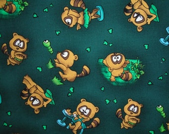 Busy Racoon Cotton, Vintage 2000's, Engaged Young Racoons Resting, Eating, Dancing, Climbing and Chasing, Striking Brown, Green Combination