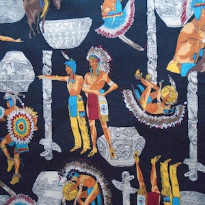 May include: A black and white fabric with a repeating pattern of Native American figures, including dancers, chiefs, and totem poles. The fabric features a variety of colors, including red, blue, yellow, and white.