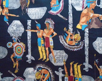 High Noon Cotton, by Hoffman International Fabrics, Native Indian and Dress, Pottery and Poles, Vivid Colors, probable vintage
