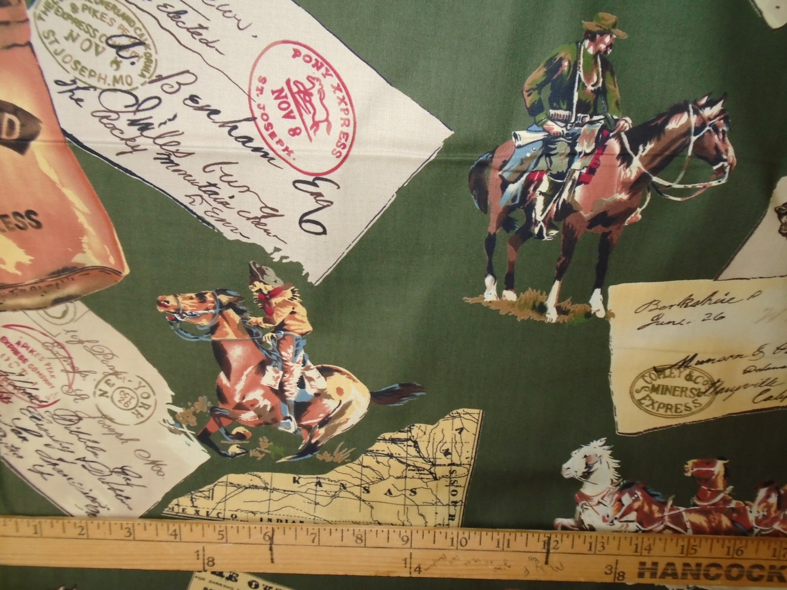 Cowboys Horses Stagecoach Beige Toile sewing fabric by the yard