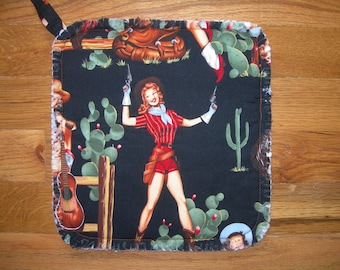 From the Hip!  Alexander Henry Western Cowgirl Potholder,  Ex Large 10" x 10",  Vintage Print