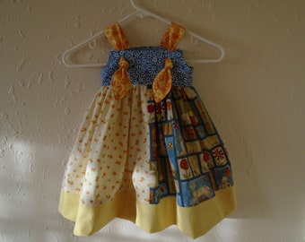 Special occasion little girls dress, 2 T,  BUNNY HOP! CHICKS, orange, blue, yellow mini floral, toddler summer dress, adjustable straps!   !
