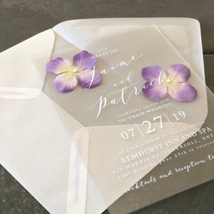 Clear Wedding Invitation. Pressed Flowers. Vellum Envelope. Floral. 5x7. Transparnet Invitations image 2