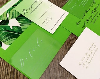 Clear Wedding Invitation. Vinyl Invitation. 5x7. Transparnet Invitations. Banana leaf accent.