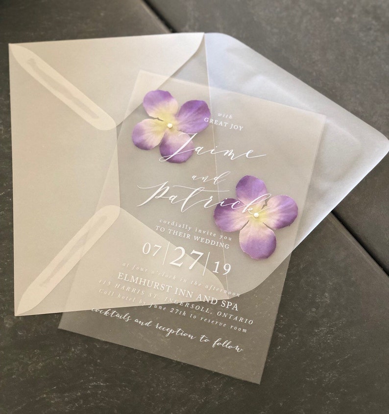 Clear Wedding Invitation. Pressed Flowers. Vellum Envelope. Floral. 5x7. Transparnet Invitations image 1