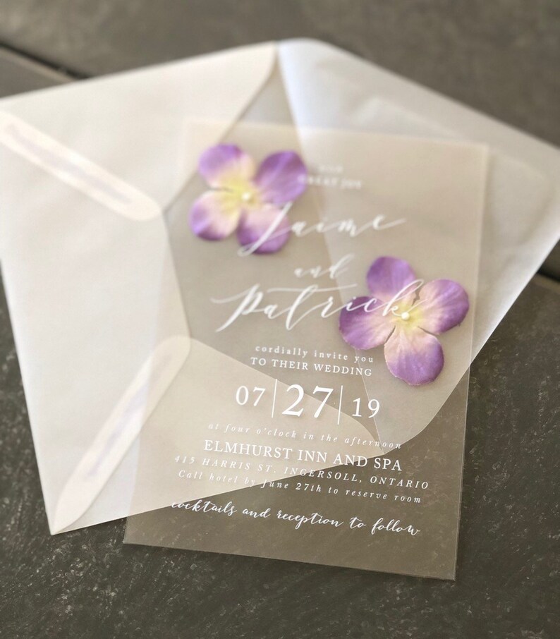 Clear Wedding Invitation. Pressed Flowers. Vellum Envelope. Floral. 5x7. Transparnet Invitations image 3