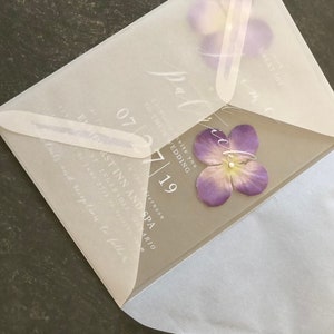 Clear Wedding Invitation. Pressed Flowers. Vellum Envelope. Floral. 5x7. Transparnet Invitations image 4
