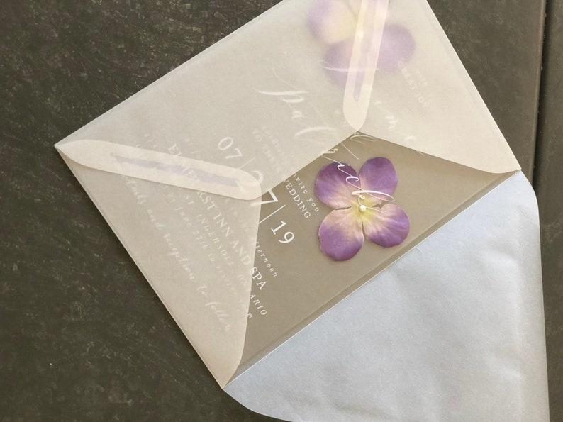 Clear Wedding Invitation. Pressed Flowers. Vellum Envelope. Floral. 5x7. Transparnet Invitations image 4