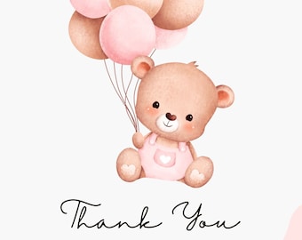 Thank You Card Pink Bear With Balloons