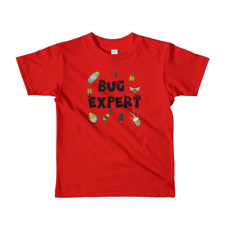 May include: Red short-sleeved t-shirt with a black circle design featuring the text "BUG EXPERT" surrounded by various bug illustrations.