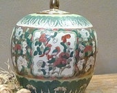 Large Vintage Ginger Jar, WBI Ginger Jar with Lid, Hand Painted Cloisonné, Unique Green Colors, Birds on Side Panels, Lots of Gold