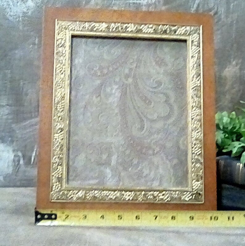 Large Frame Holds 8 X 10 Frame in Maple with Pounded Embossed Brass Trim from the 1970s Vintage Wooden Frame with Embossed Brass Trim