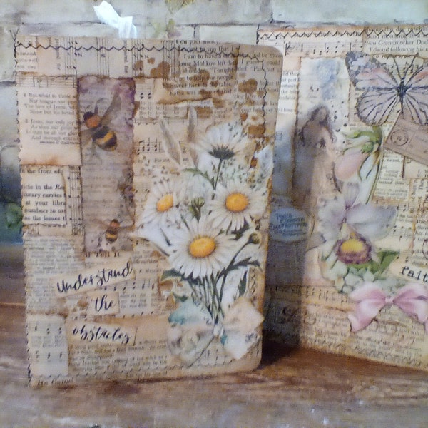 Small Junk Journals with Antique Music Paper and Lots of Journaling Space and Cute Ephemera, Sari or Silk Ribbon Tie That Matches Colors