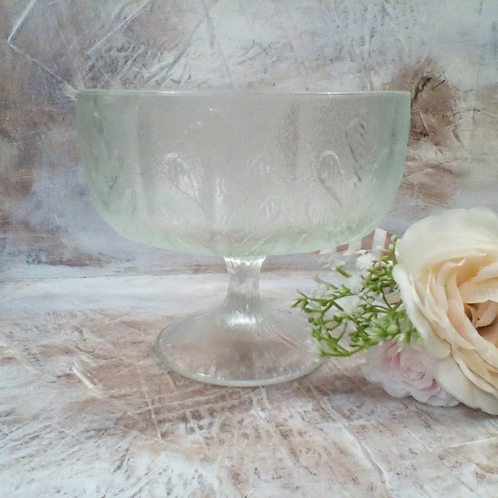 Vintage Compote, Frosted Glass Pedestal Bowl With Leaf Design, 5
