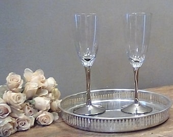 Silver Plate Tray and 2 Crystal Wine Glasses with Silver Bases and Stems, 1960s Cocktail Set, 10.5" Tray with Pierced Rim and Etched Bottom