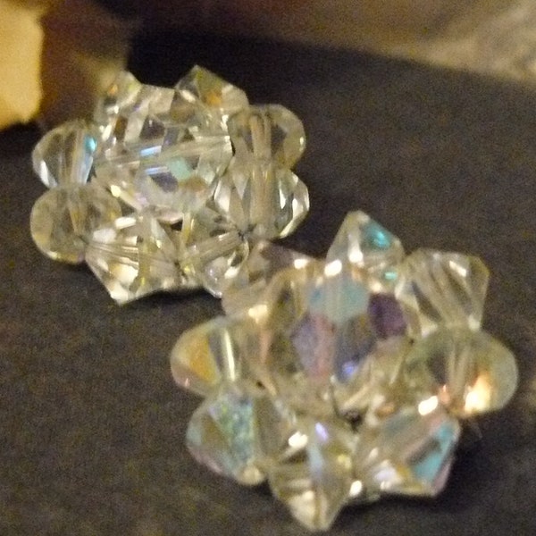 Vintage Earrings, Crystal Clip On Earrings From the 50s, Aurora Borealis Crystals, Crystal Beads and Silvertone Back