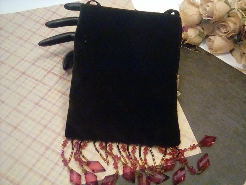 Handmade Velvet Bag Velvet Drawstring Bag with Beads Ribbon Ribbon Embroidery Vintage Evening Bag and Brooch 1980s Handmade Velvet Bag