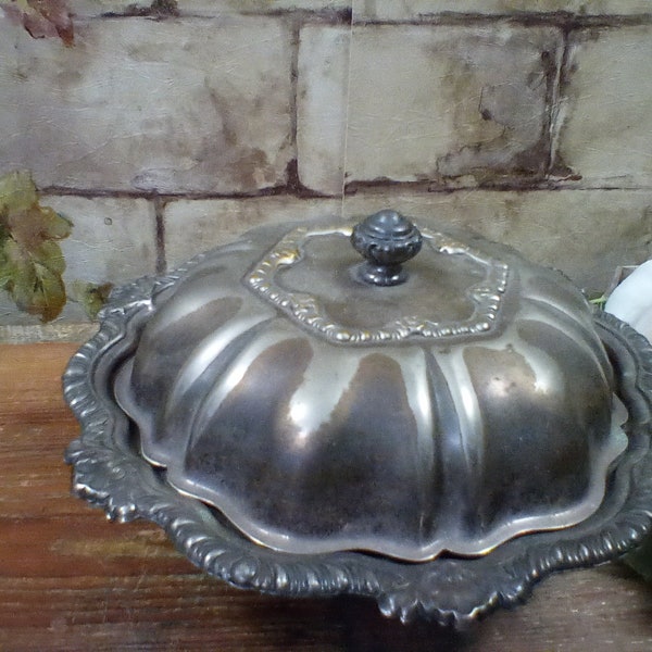 Vintage Round Silver Plate Butter Dish with Fat Strainer, 3 Piece Butter Dish Set Lid has Finial, Marked Silver Co, 7" Across and 4" Tall