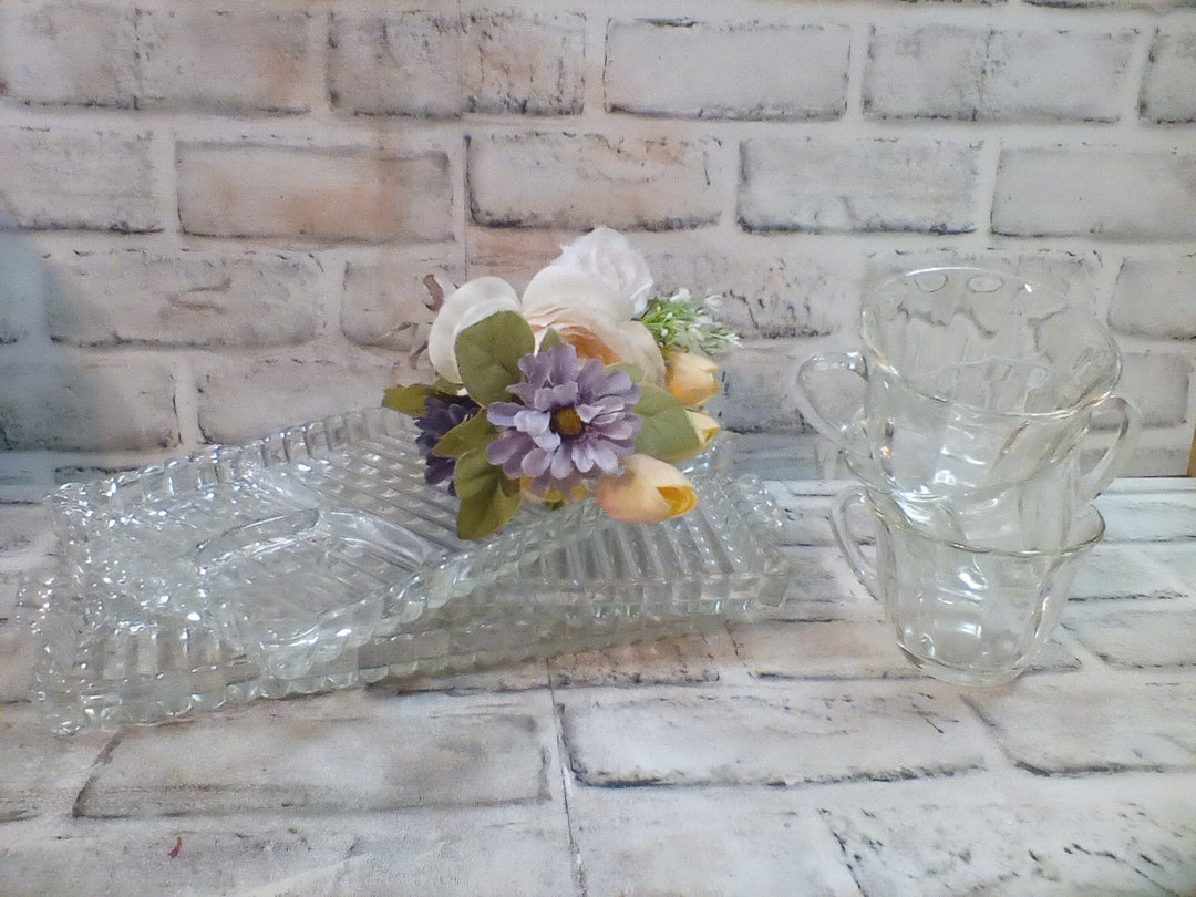Service à Déjeuner Vintage 4 Assiettes Carrées + Sous-assiettes + Tasses Motif Lierre Peint à La Main
