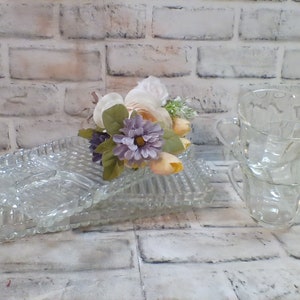 Pressed Glass Luncheon Sets, 3 Plates and 3 Cups, Plates Have Unique Ridge Design w/ Glass Compartments for Food and Cup Area, Ex Cond, 50s