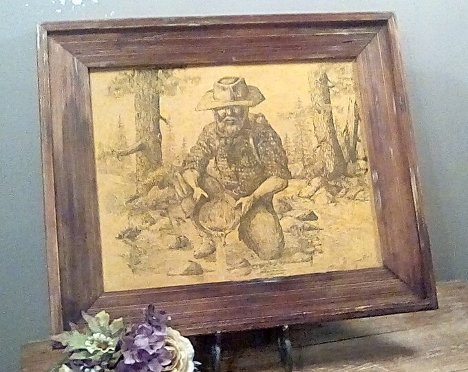 Vintage Etching on Leather, Signed Western Art by California Artist