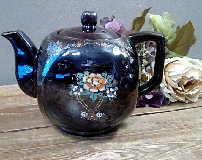 Vintage Teapot, Japanese Redware Handpainted Teapot, 8 1/2 From Handle