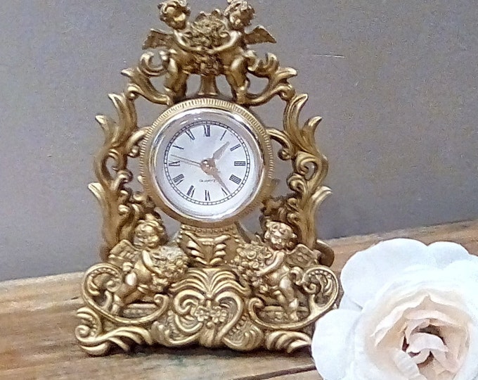 Vintage Reproduction Antique Clock, Ornate Cherubs in Victorian Design