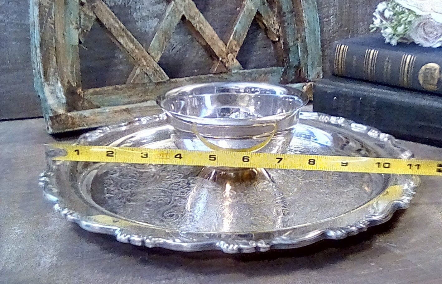 Silver Plate Round Snack Tray with Attached Dip Bowl Ornate Etsy