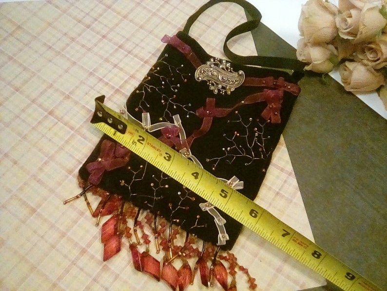 Handmade Velvet Bag Velvet Drawstring Bag with Beads Ribbon Ribbon Embroidery Vintage Evening Bag and Brooch 1980s Handmade Velvet Bag