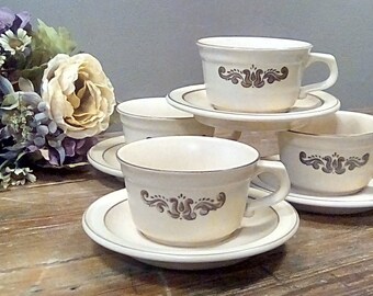 Vintage Cups and Saucers Village Pattern Retired from the 1960s Pfaltzgraff Cups and Saucers Plus 16 Extra Cups