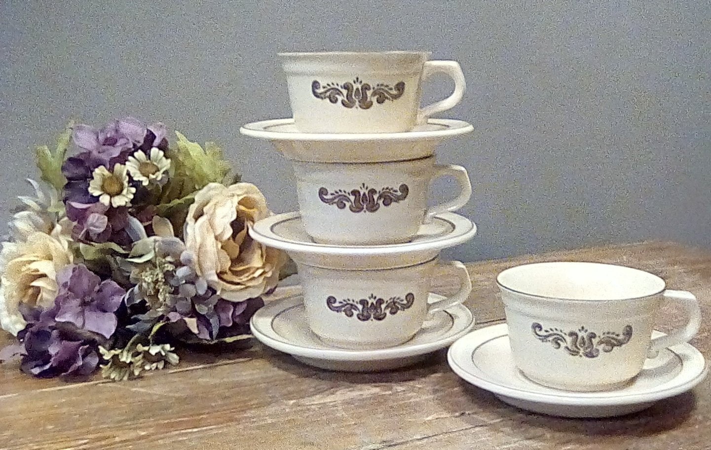 Vintage Cups and Saucers Village Pattern Retired from the 1960s Pfaltzgraff Cups and Saucers Plus 16 Extra Cups