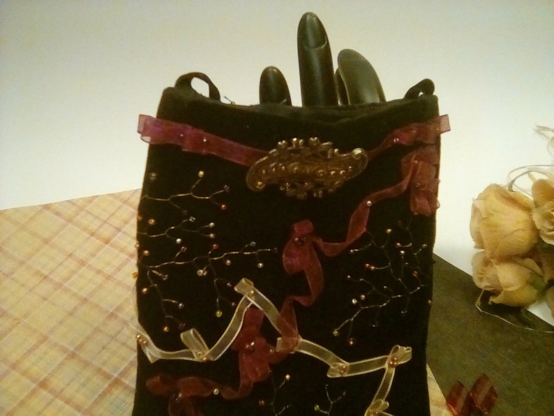 Handmade Velvet Bag Velvet Drawstring Bag with Beads Ribbon Ribbon Embroidery Vintage Evening Bag and Brooch 1980s Handmade Velvet Bag