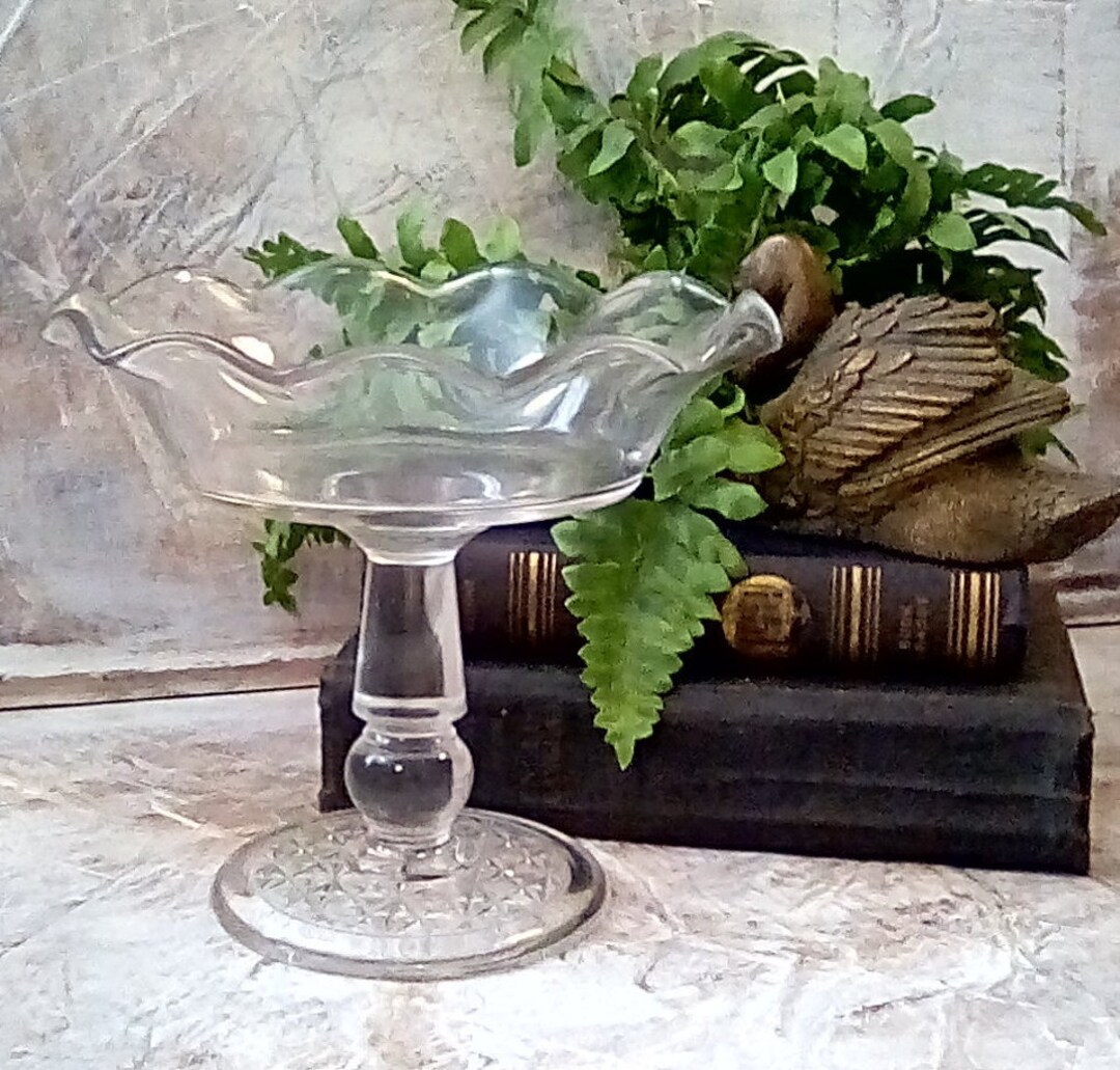 Vintage Pressed Glass Compote, 6 3/4 Tall Pressed Glass Compote With