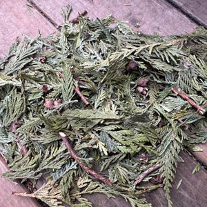 May include: A collection of dried, flat, evergreen cedar foliage with small, brown, woody cones scattered throughout. The foliage displays a muted, sage-green color with some brownish, dried tips, featuring a scale-like, feathery texture.