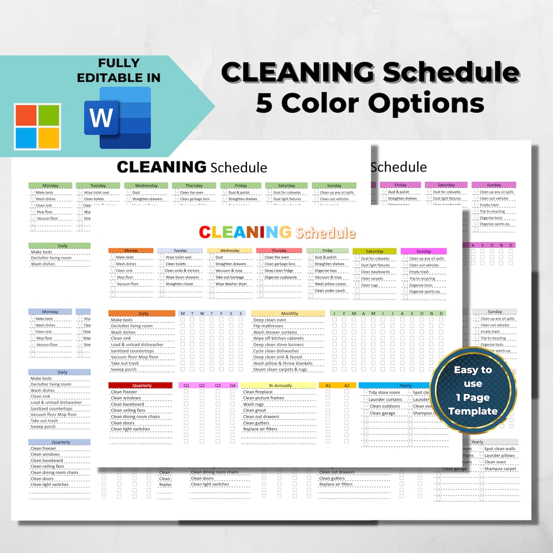 EDITABLE Cleaning Schedule Planner Word Fillable Printable Cleaning ...