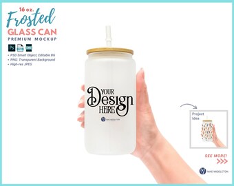 Maqueta de lata de vidrio esmerilado de 16 oz de mano / archivos jpg, png, psd